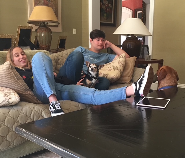 people sitting on sofa with dog